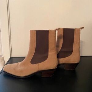 Women’s Tan Suede Chelsea Booties with Dark Brown Elastic